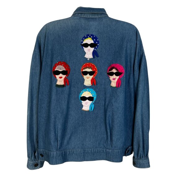 Vintage Denim Zip Up with Lady Appliqué CC Sportswear 80s Pin-Up 50s Retro Large - Picture 2 of 15